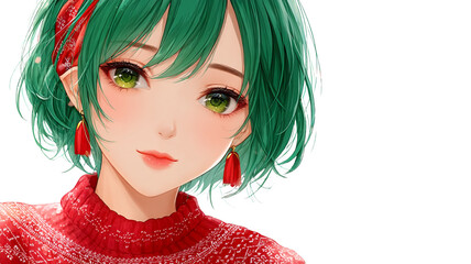 Fototapeta premium Anime girl with green hair and red sweater isolated on transparent background