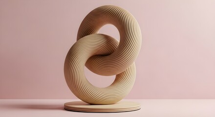 Interlocked wooden ring sculpture on pink background