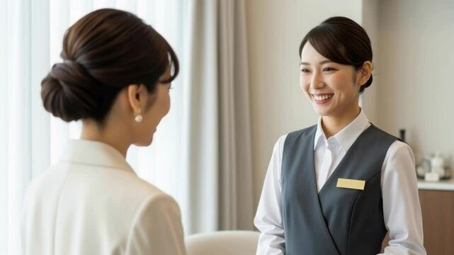 Customer service interaction hotel lobby professional meeting modern setting friendly engagement enhancing guest experience