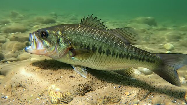 Wild Largemouth Bass Swimming Over Sandy Bottom in Clear Freshwater
