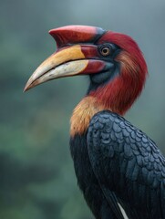 Fototapeta premium Helmeted Hornbill Perched Gracefully in a Misty Rainforest, Showcasing Vibrant Plumage and Unique Bill Structure