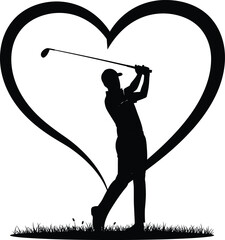 Silhouette Golfer Teeing Off Framed by Heart Symbolizing Love for the Game of Golf in a Beautiful Landscape