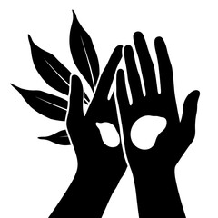 Obraz premium Silhouette of hands applying cream with leaves, eco skincare wellness