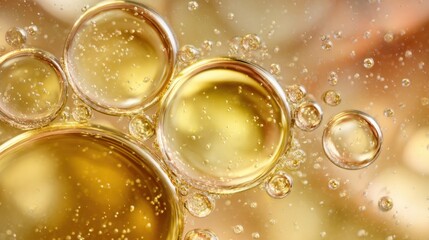 A mesmerizing closeup display of premium cosmetic oil featuring subtle bubbles that enhance the visual allure of its velvety texture. This stock photo is perfect for brands promoting