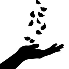 Fototapeta premium Black and white silhouette of petals falling into hand, gentle botany connection