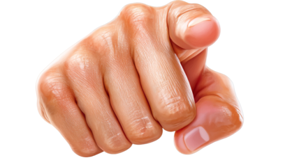 A human hand pointing a finger directly at you isolated on transparent background