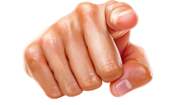 A human hand pointing a finger directly at you isolated on transparent background