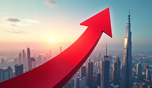 business graph with arrow on red background, A city skyline at dusk with a large upward arrow direction, representing success, presented in stunning 4K and HD quality. - Powered by Adobe