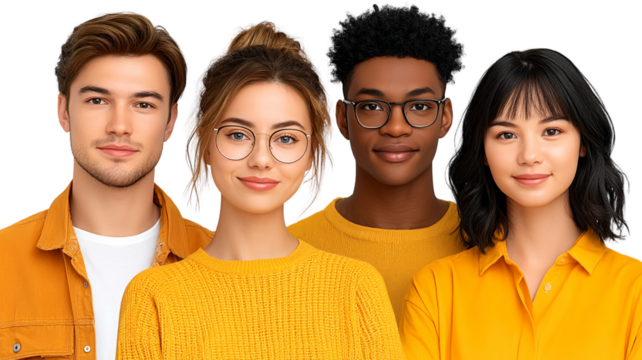 A diverse group of young adults smiling and standing together as friends isolated on transparent background