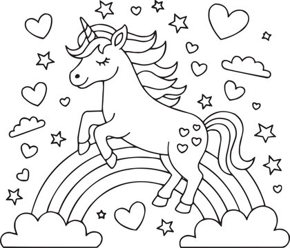 Cute unicorn with rainbow hearts and stars for coloring book page