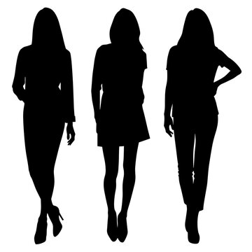 Silhouettes of three women in fashionable outfits, fashion style comparison