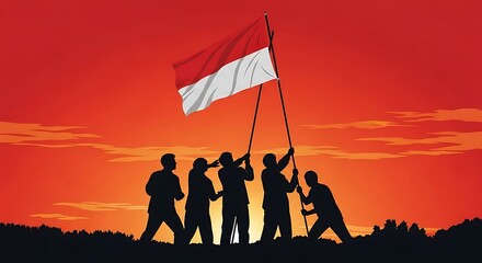 Silhouetted figures raise Indonesian flag at sunset, symbolizing national pride and unity.
