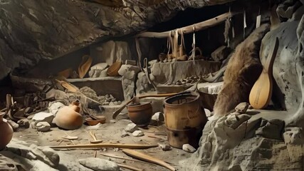 Antique clay pots and wooden objects in the cave, creating an atmosphere of antiquity and mystery. A good choice for historical documentaries and educational programs.
