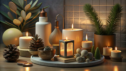 Lit candles in spa setup with pinecones and decorative plants on a tiled background image