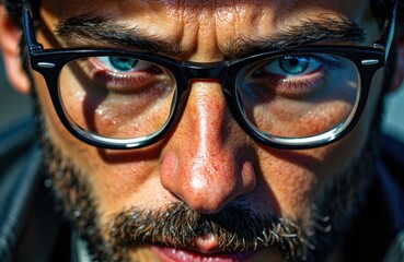 Intense close-up of a man wearing black glasses with piercing blue eyes and a serious expression