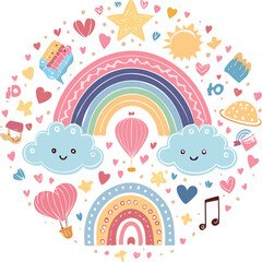 Seamless cartoon vector illustration with a playful pattern of balloons, birds, flowers, and butterflies, perfect for baby, summer, or love-themed designs