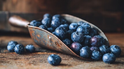 Glistening Blueberries in a Rustic Metal Scoop Resting on a Wooden Surface Showcasing Their Vibrant Color and Natural Freshness