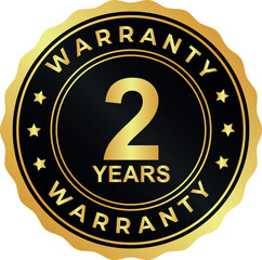 gold two year warranty badge with bold number 2 on round stamp design