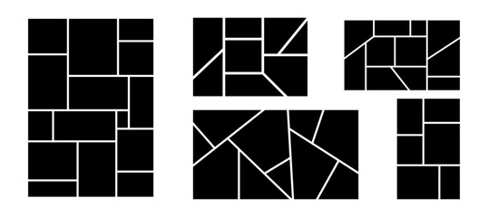 Frame layout for photo and brand grid with card illustration in black. This mosaic template works for moodboard or collage picture in a minimal design.