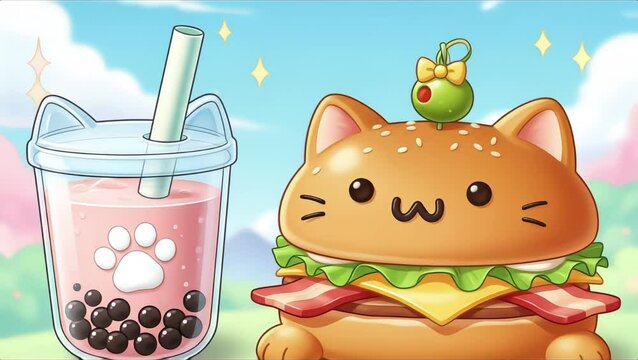 Adorable Cat Burger  Boba Tea: Cute Food Illustration Animation.