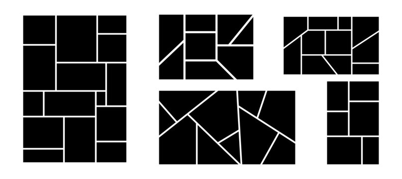 Frame layout for photo and brand grid with card illustration in black. This mosaic template works for moodboard or collage picture in a minimal design.