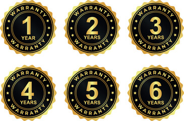 set of 1 to 6 year gold circular warranty badges with bold text design