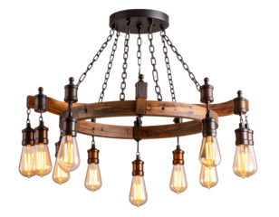 Untitled design - Rustic Wooden Chandelier with Edison Bulbs, Diagonal Hanging Angle, Isolated on Transparent