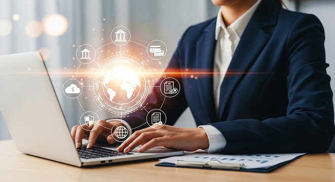  Global Finance & Digital Business: Businesswoman on Laptop Managing Worldwide Banking, Cloud Computing, Data Networks, and Secure Online Transactions