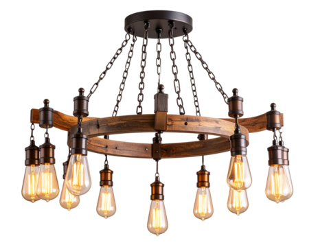 Untitled design - Rustic Wooden Chandelier with Edison Bulbs, Diagonal Hanging Angle, Isolated on Transparent