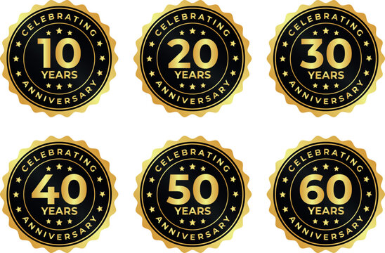 set of 10 to 60 years anniversary round badges with stars for milestone branding