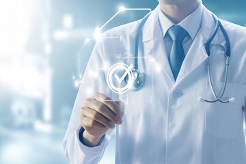 Doctor in white coat with stethoscope interacting with a digital checkmark interface
