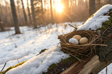 Two bird eggs resting in a nest on snowy log at soft sunrise light