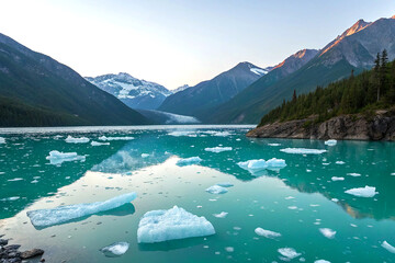 Teal glacier lake shimmering with floating chunks of ice in cold air