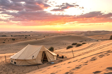 Beige canvas tent set in vast desert landscape during warm sunset glow