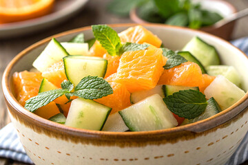 Detailed diced oranges with fresh cucumber and mint in bowl close up