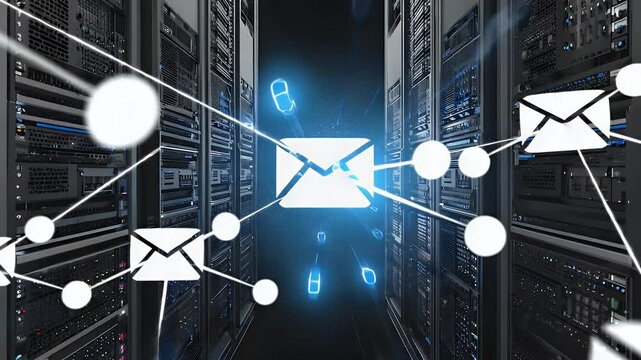 Digital communication flows through a server room, showcasing data transmission and connectivity - Powered by Adobe