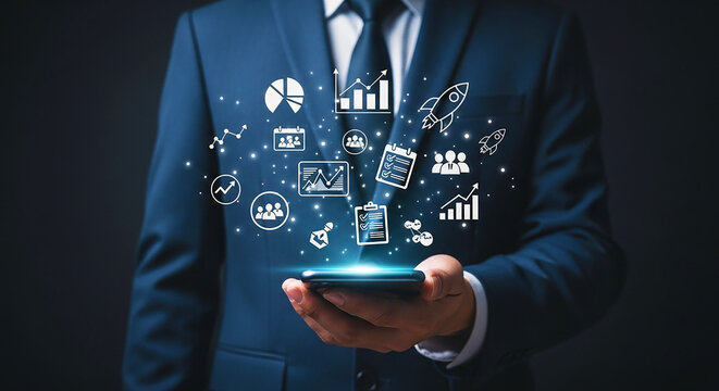  Digital Transformation & Business Growth: Man with Smartphone Unlocking Innovation, Data Analytics, Marketing, and Future Technology Solutions for Success