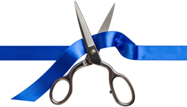 Front View of Silver Scissors Snipping Blue Ribbon on White Background