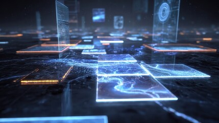 A captivating scene of illuminated floating holographic shapes depicting various digital interfaces and data patterns portraying an advanced representation of virtual landscapes and
