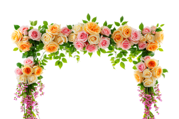 Elegant archway of peach pink and cream roses with cascading flowers isolated on transparent background