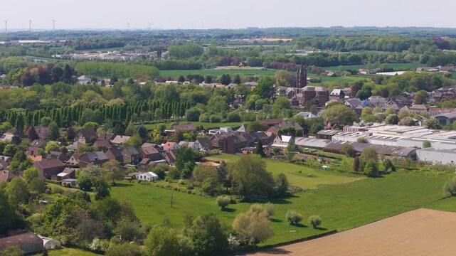 above seneffe town charming houses green cover below scenic town's inviting atmosphere making picturesque location revealing circles aerial drone view belgium lush 