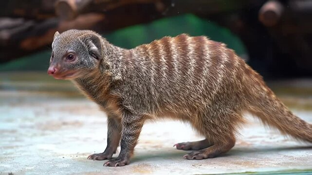 Banded mongoose standing on the ground, showcasing its distinctive striped fur and alert posture in a natural setting.