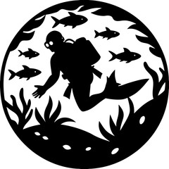Scuba diver underwater with fish and plants silhouette vector illustration