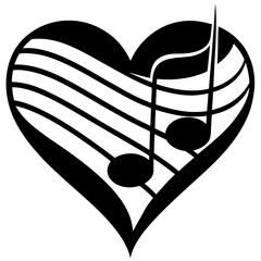 Heart shape musical notes staff lines silhouette vector illustration