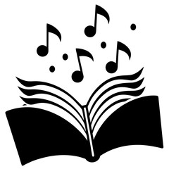Open book illustration musical notes above silhouette vector illustration