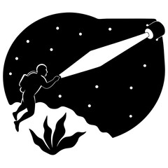 Explorer with flashlight in night sky silhouette vector illustration