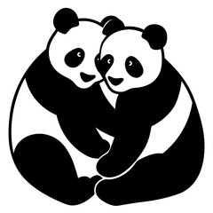 Two pandas hugging together monochrome silhouette vector illustration
