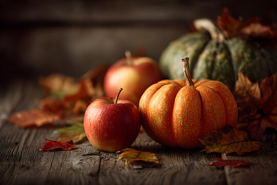 Thanksgiving background: Apples, pumpkins and fallen leaves on wooden background. Copy space for text. Halloween, Thanksgiving day or seasonal background. Design mock up.