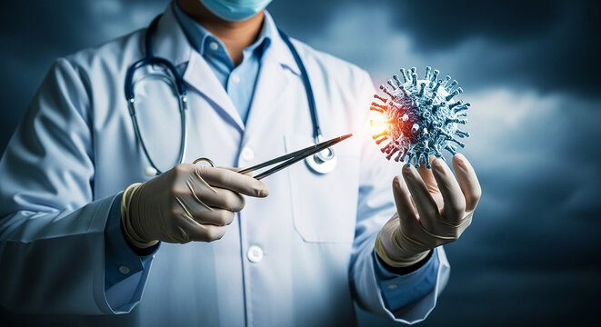 Medical Scientist Examining Virus Particle: Doctor in Lab Coat and Mask Holds a Digital 3D Virus Model with Tweezers, Symbolizing Scientific Research for Cure & Prevention







