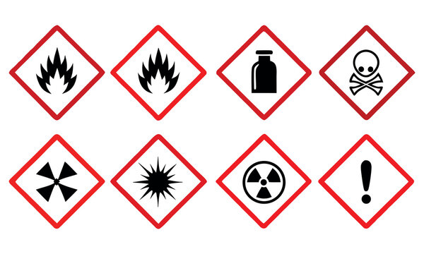 Hazardous Material Warning Symbols Featuring Flames Skull And Crossbones Radiation Trefoil Exclamation Mark Health Hazard Gas Cylinder